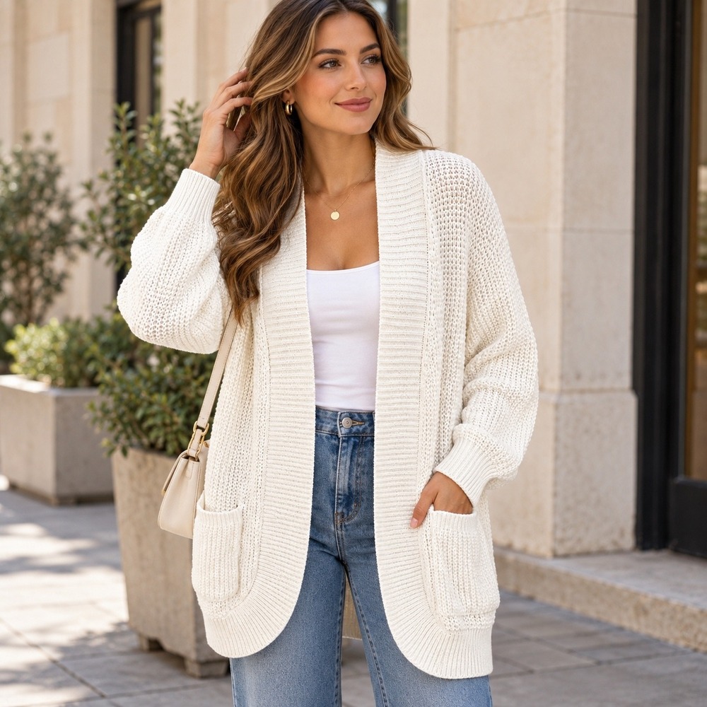 Kirundo Womens Open Front Knit Cardigan Sweater Pockets Casual White XL
